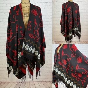 Black/Red Boho Flower Design Reversible Poncho Cape